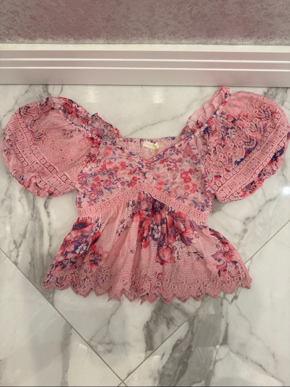 LoveShackFancy Pink Floral Lace Smocked Puff Sleeve Top